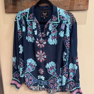 Johnny Was Jade Midnight Blue Top with Flower Details